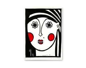 Linocut print, Woman portrait, Small illustration by Slumsi Tutka