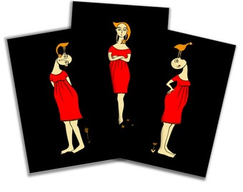 Art print set, Women in red, illustration by Slumsi Tutka