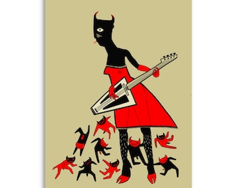 Tańczące diabły, wydruk artystyczny z muzyką, ilustracja Slumsi Tutka