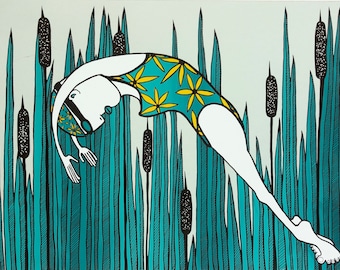 Swimmer woman, summer art print,  illustration by Slumsi Tutka