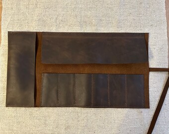 Leather Tool roll Made in England / Artist pen + brushes roll / Handmade / 6 pockets / Dark brown