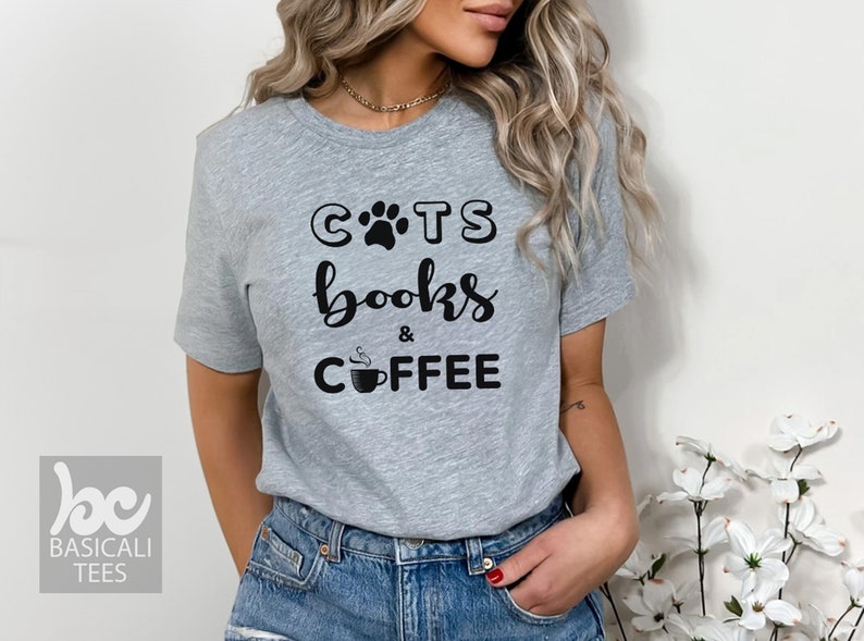 Cat Shirt, Cats Books & Coffee TShirt, Women's, Men's, Soft Comfy Tee image 1