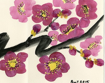 Tarjeta de felicitación original pincel pintura rosa y oro flor de cerezo