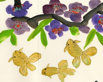 Ursprüngliche Pinsel malen Goldfisch Grußkarte und lila Blüte