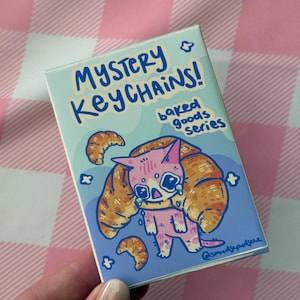May include: A rectangular keychain package with the text "MYSTERY KEYCHAINS! baked goods series". The illustration features a pink cat inside a croissant, with additional croissant details and blue accents.