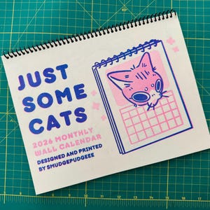 Just Some Cats 2026 Risograph Calendar, Sunday to Saturdary Monthly Wall Calendar