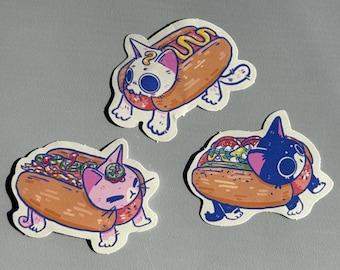 Hot Dog Cat Sticker, Sticker Set, Kawaii Themed Stickers, Vinyl Stickers, Planner Waterbottle Laptop Stickers Decals