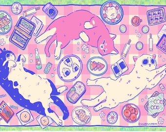 Picnic Cats Large Art Print, Cute cats and food print, poster