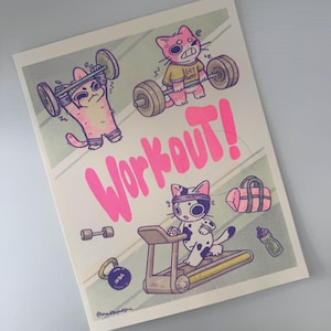 Workout Cat Poster Print, Themed Cats, Handmade Prints, decoration, risograph image 1