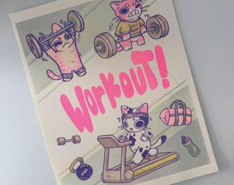 Workout Cat Poster Print, Themed Cats, Handmade Prints, decoration, risograph