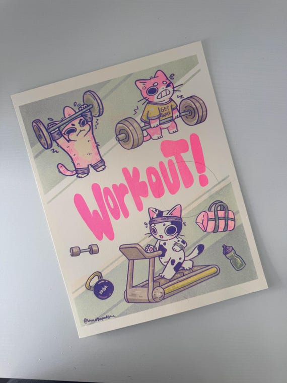 Workout Cat Poster Print, Themed Cats, Handmade Prints, decoration, risograph