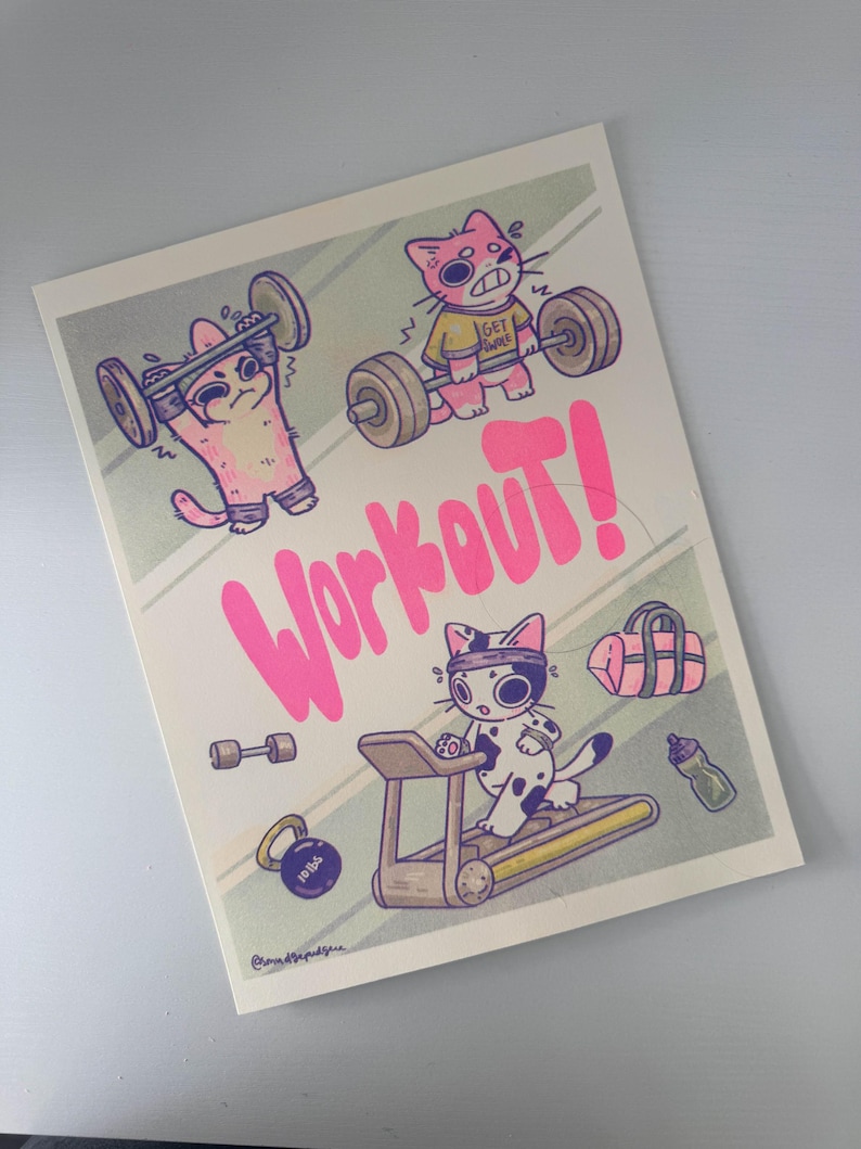Workout Cat Poster Print, Themed Cats, Handmade Prints, decoration, risograph image 1