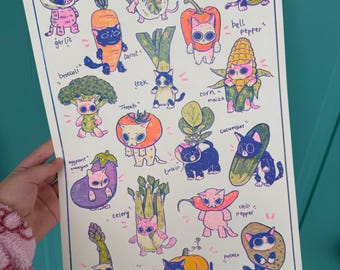 May include: A colorful illustration of cats dressed as different vegetables. The cats are drawn in a cartoon style with big eyes and cute expressions. The vegetables include garlic, broccoli, carrot, leek, tomato, corn, cucumber, eggplant, celery, asparagus, pumpkin, potato, napa cabbage, pickle, bell pepper, chili pepper and turnip. The text "VEGETABLE CATS." is at the top of the image.