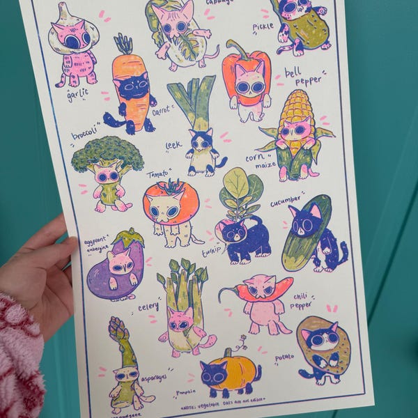 Vegetable Cats Original RisoGraph Prints, Handmade Prints, decoration, art poster, art print, Small Prints,