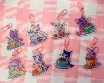 Cute Speciality Drink Cats Acrylic Keychains, bag charms, Coffee, Lemonade, boba Tea