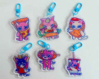 Fast Food Cat Acrylic Keychains, bag charms, Cat art, Catburger, fries, corndog