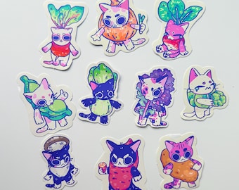 Veggie Cat Sticker, Vegetable Sticker Set, Kawaii Themed Stickers, Vinyl Stickers, Planner Waterbottle Laptop Stickers Decals, Series 3