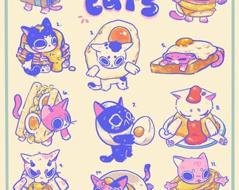 Egg Cats Poster Print, CatThemed Cats, Handmade Prints, decoration, art poster, art print, Small Prints, Cavillini inspired