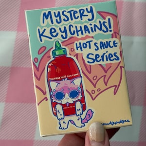 May include: A rectangular keychain package with the text "MYSTERY KEYCHAINS! HOT SAUCE Series". The package features a cartoon cat illustration inside a hot sauce bottle. The cat is pink and white with large blue eyes.