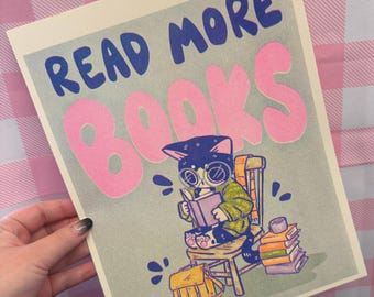 Read More Books Poster Print, Themed Cats, Handmade Prints, decoration, book lover, risograph