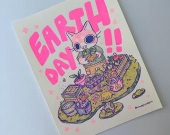 Earth Day Cat Poster Print, Themed Cats, Handmade Prints, decoration, risograph