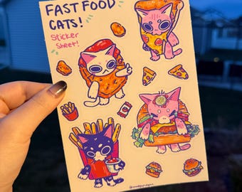 Fast Food Cat Themed Vinyl Stickers, Sticker Sheet, Funny, Water bottle Stickers, Laptop Decals, Chicken nugget, hamburger