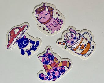 Fall Themed Cat Sticker, Autumn Sticker Set, Kawaii Themed Stickers, Vinyl Stickers, Planner Waterbottle Laptop Stickers Decals