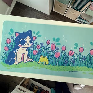 Bonita alfombrilla de escritorio con diseño de gato tulipán, alfombrilla de ratón para gamers, alfombrilla de escritorio estética, alfombrilla de escritorio lofi