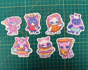 Cute Fast Food Cat Stickers, cozy coffee shop Themed Cats, pizza cat, hamburger cat, french fries, laptop decals, waterbottle vinyl stickers