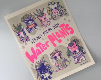 Water Plants Poster Print, Themed Cats, Handmade Prints, decoration, plant mom, risograph