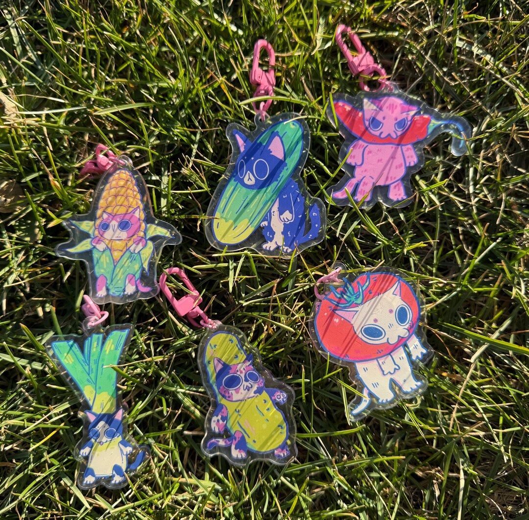 Cute Veggie Cat Acrylic Keychains, Bag Charms, Tomato, Leek, Pickle ...