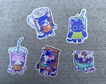 Cute Cafe DRINKS Cat Stickers, cozy coffee shop Themed Cats, coffee, matcha latte, iced latte, laptop decals, waterbottle vinyl stickers