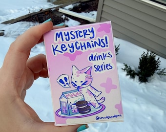 Mystery Box Cute Drinks Cat Themed Acrylic Keychains, Cat Keychains, matcha, coffee, boba tea