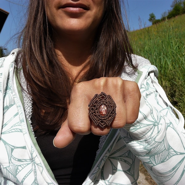 Handmade Macrame Mandala Sunstone Ring, Healing Crystal Jewelry Gift for Women.