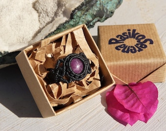 Handmade Macrame Star Ruby Ring Anniversary Gift for Her, Precious Stone Jewelry Statement Piece.