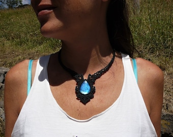 Blue Labradorite Necklace Handmade Jewelry, Unique Women Style Macrame Crystal Choker.