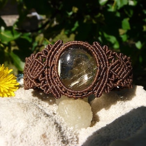 Unique Gift for Her Healing Crystal Bracelet, Handmade Macrame Gold Rutilated Quartz Jewelry.