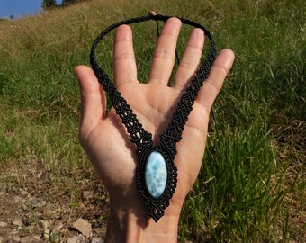Black Macrame Larimar Necklace, Handmade Gothic Jewelry Healing Crystal Choker.