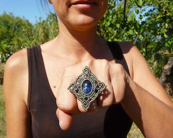 Blue Kyanite Macrame Ring with Grey Green Mandala Design.