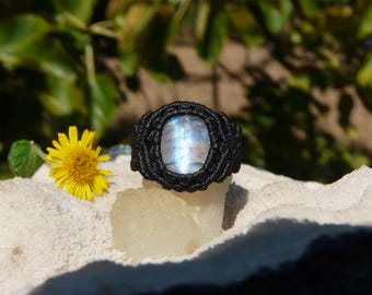 Black Macrame Moonstone Statement Ring Gothic Jewelry.