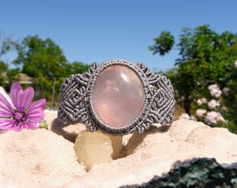 Rose Quartz Macrame Boho Chic Cuff Bracelet.