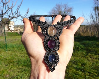 Chakra Crystal Macrame Necklace, Black Statement Choker with Three Healing Stones, Witchy Jewelry, Gift for Her, Adjustable Necklace.