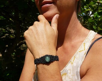 Minimalist Black Macrame Cuff Bracelet with Natural Emerald