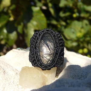 Gothic Tourmalinated Quartz Ring, Black Macrame Statement Band