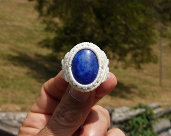 Lapis Lazuli Ring Energy Protection Gift for Her, Handmade Macrame Throat Chakra Stone Jewelry.