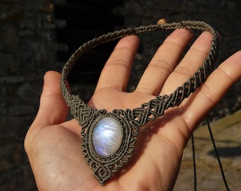 Handmade Macrame Moonstone Necklace Energy Protection Jewelry, Healing Crystal Choker.