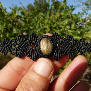 Precious Stone Jewelry Unique Gift for Her, Gold Rutilated Quartz Macrame Bracelet.