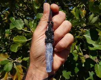 Raw Blue Kyanite Macrame Pendant Necklace, Adjustable Black Cord Crystal Churn, Unisex Rough Stone Jewelry.