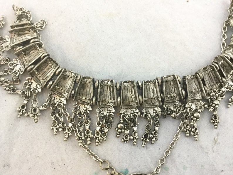 Vintage Silver Tone Metal Statement Bib Choker Necklace White Glass Bead Pendants Hanging Charms Fringe