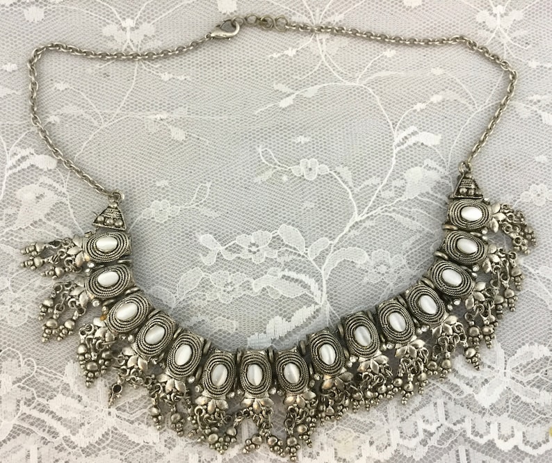 Vintage Silver Tone Metal Statement Bib Choker Necklace White Glass Bead Pendants Hanging Charms Fringe